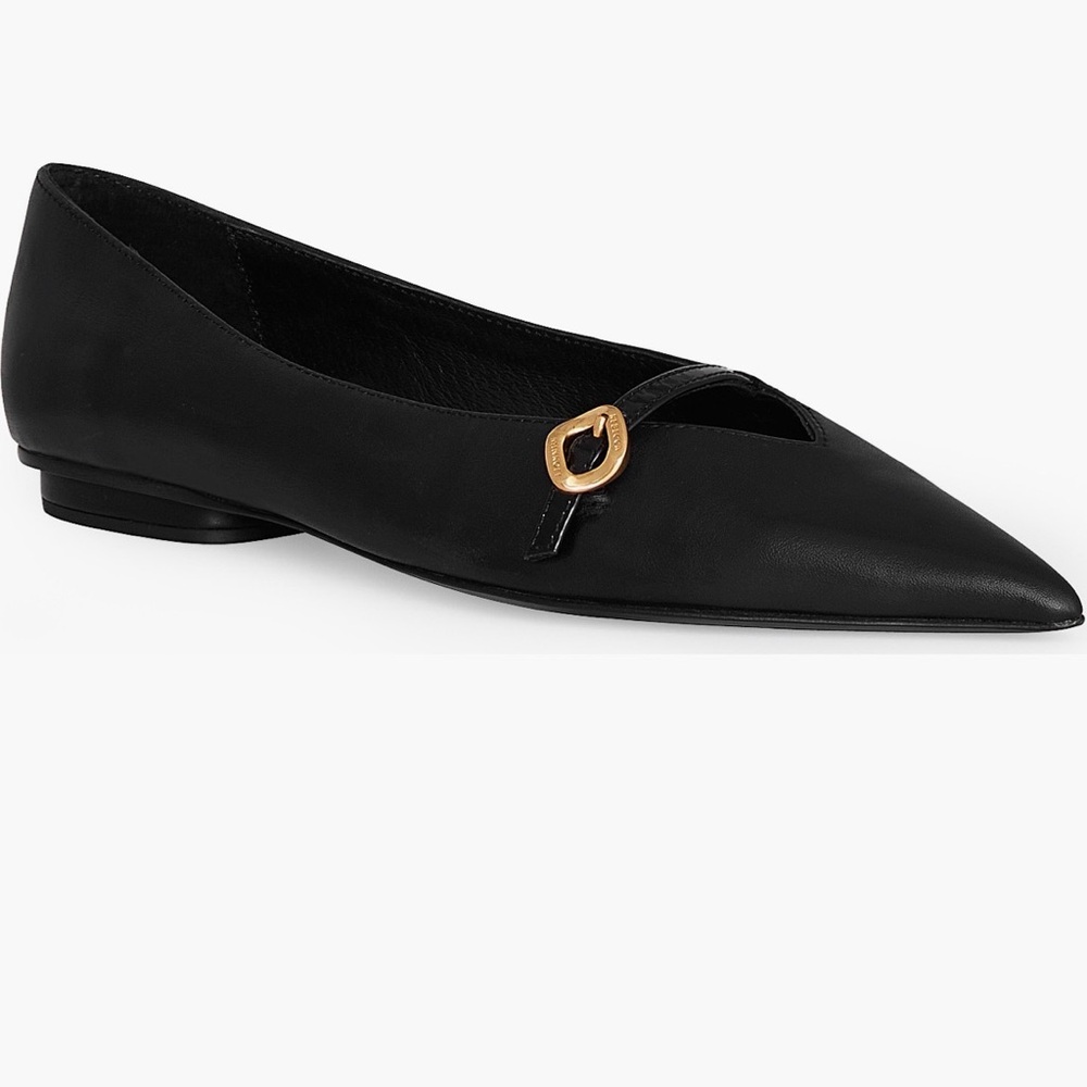 Rebecca Minkoff Black Pointed Toe Leather Flat with Gold Buckle
